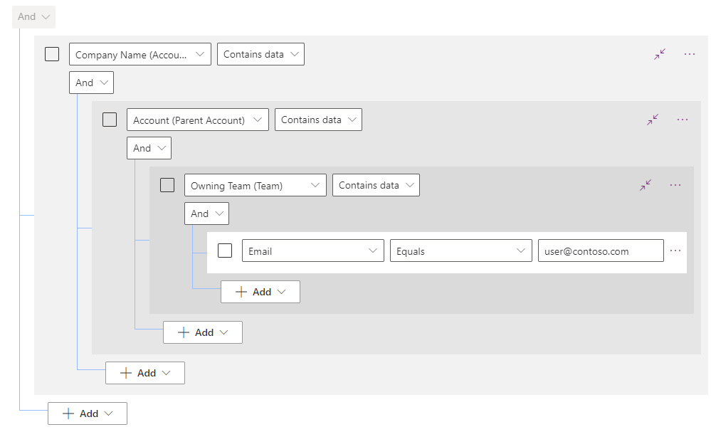 Schermopname met meerdere filters met geneste relaties.