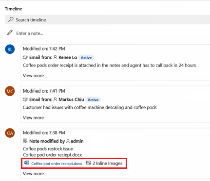 Bekijk het aantal bijlagen in een notitie op de tijdlijn.