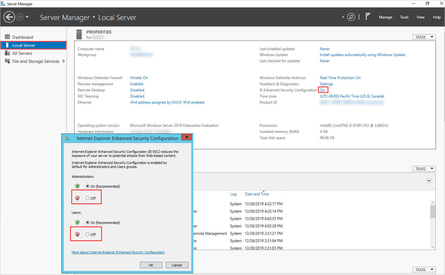 Schermopname van de functie Verbeterde beveiliging van Internet Explorer in de instellingen van de lokale server voor Internet Explorer.