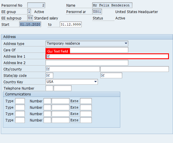 Schermafbeelding van het venster Adressen maken in SAP Easy Access met markering op het veld Adresregel 1 in het adresgebied.