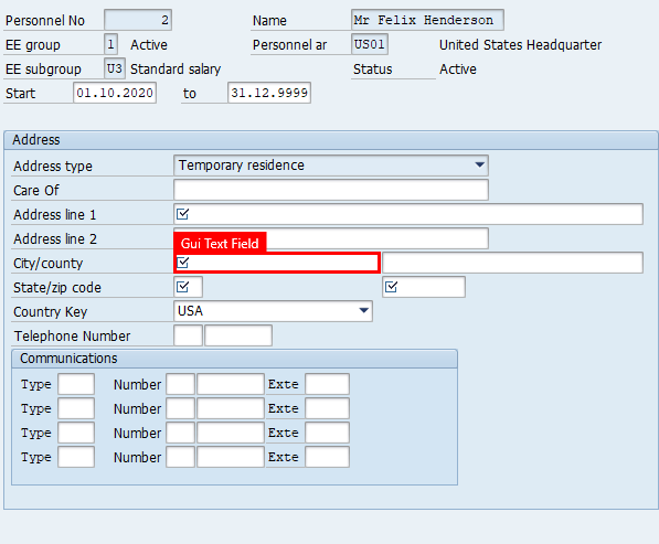 Schermafbeelding van het venster Adressen maken in SAP Easy Access met markering op het veld Stad/provincie in het adresgebied.