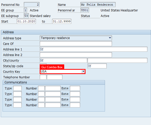 Schermafbeelding van het venster Adressen maken in SAP Easy Access met markering op het veld Landcode in het adresgebied.