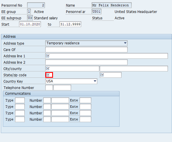 Schermafbeelding van het venster Adressen maken in SAP Easy Access met markering op het veld Staat/provincie in het adresgebied.