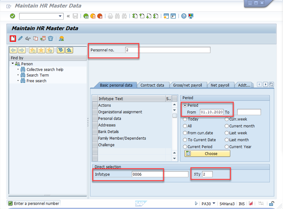 Schermafbeelding van het venster HR-stamgegevens onderhouden in SAP Easy Access.