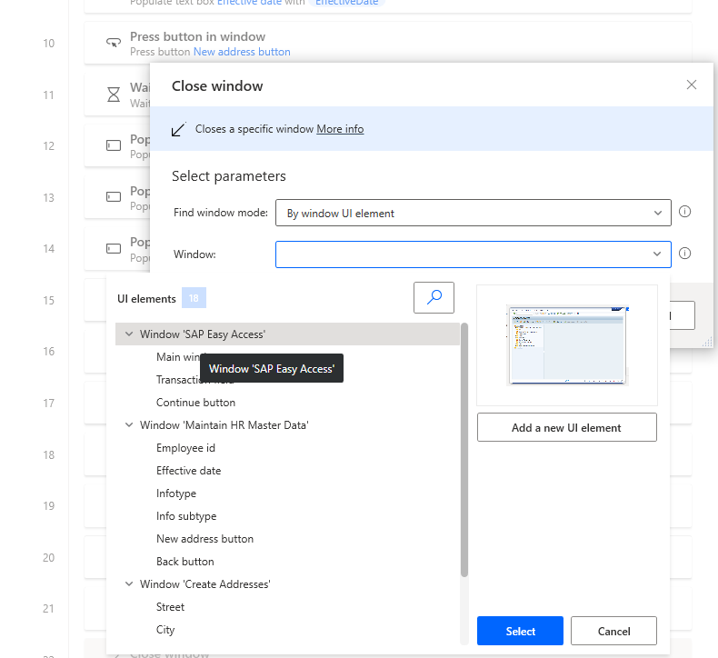 Schermafbeelding van het ontwerpvenster in Power Automate Desktop met het dialoogvenster Venster sluiten en de lijst met variabelen geopend, en Venster SAP Easy Access geselecteerd.