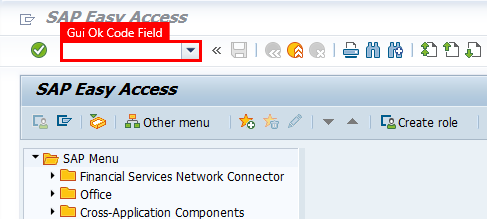 Schermafbeelding van het SAP Easy Access-venster met het transactiecodeveld geselecteerd.