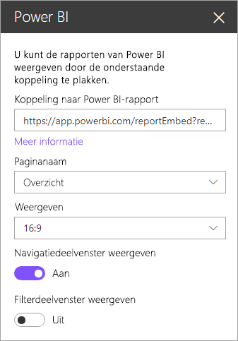 Schermopname van het dialoogvenster Eigenschappen van het nieuwe webonderdeel van SharePoint met de koppeling power BI-rapport gemarkeerd.