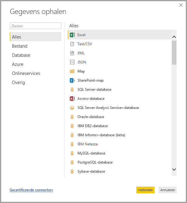 Screenshot shows the Get Data dialog with All and Excel selected.