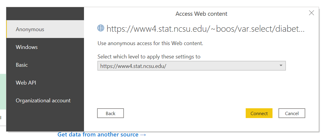Screenshot showing anonymous access for Web content.