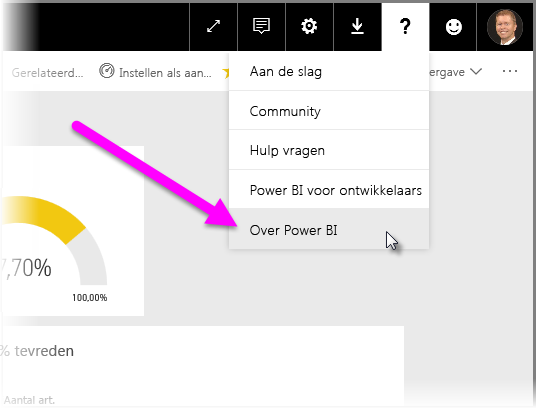 Screenshot shows the question mark where you can determine your Power BI tenant location.