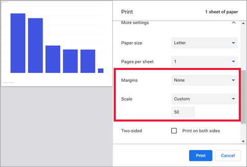 Screenshot of print settings with Margins and Scale options selected.