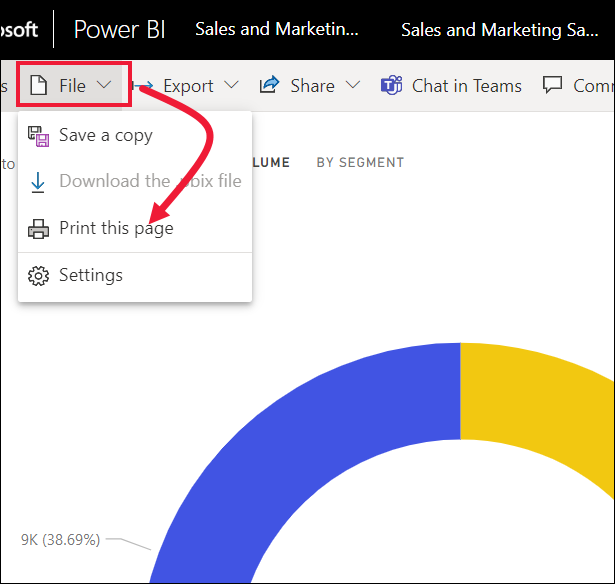 Screenshot of the Power BI service File menu open and Print this page selected.