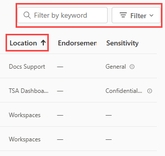 Screenshot showing search and sorting options in Power BI.
