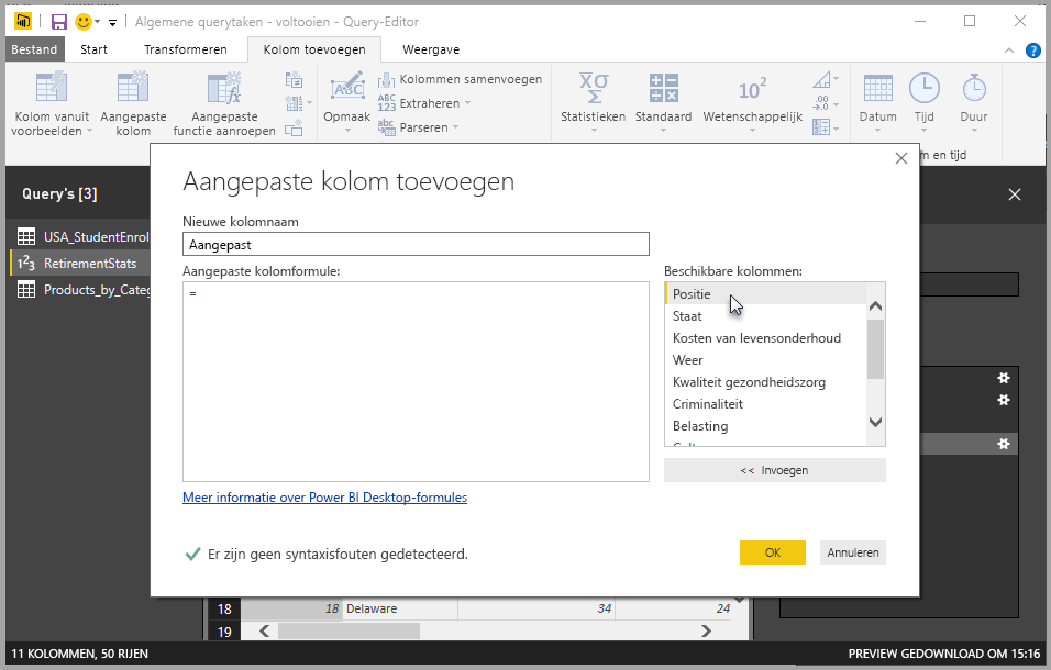 Screenshot of the Custom Column dialog box, which includes available columns to choose from.