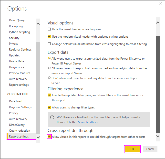 Screenshot showing enabling cross-report drillthrough in Power B I Desktop.