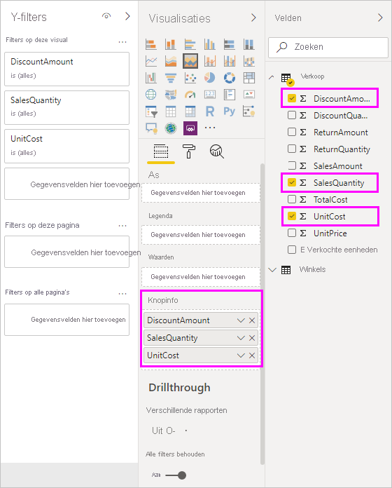 Schermopname van het deelvenster Visualiseren waarop te zien is dat drie velden zijn toegevoegd aan de sectie Tooltips.