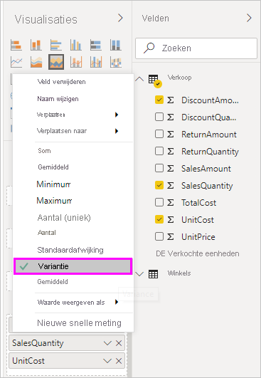 Schermopname van het veld Tooltip met de vervolgkeuzelijst voor het selecteren van aggregatiefuncties.