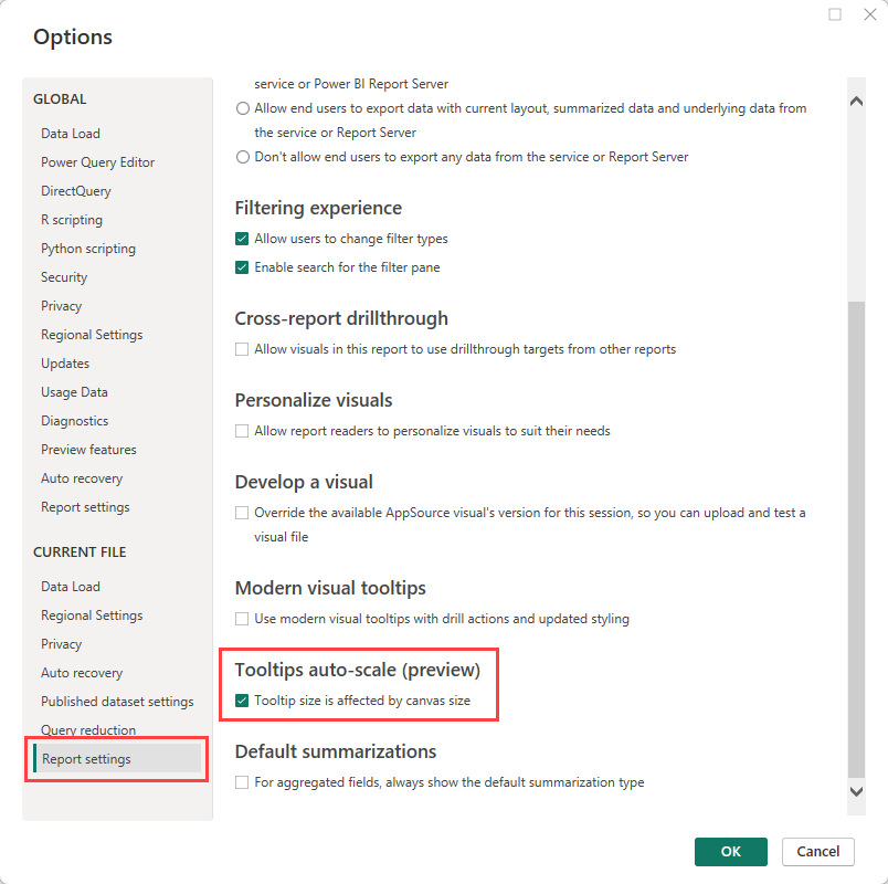 Schermafbeelding die toont dat de tooltipsgrootte wordt beïnvloed door de canvasgrootte instellen in Power BI Desktop.