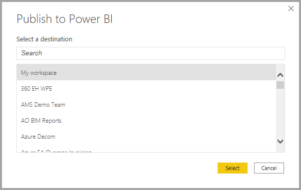 Schermopname van het dialoogvenster Publiceren naar Power BI.