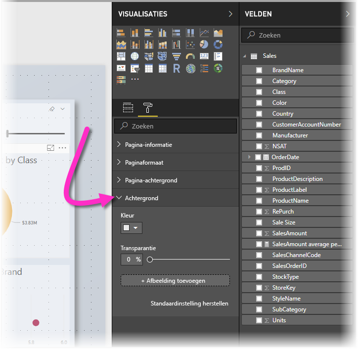 Screenshot of the Visualizations pane, highlighting the Wallpaper option.