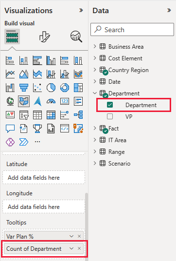 Schermopname die het Visualisatiepaneel toont met Afdeling toegevoegd aan de tooltip.