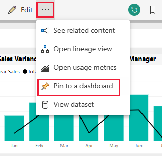 Schermopname van een Power BI-rapportpagina met de optie Vastmaken aan dashboard uitgelicht.