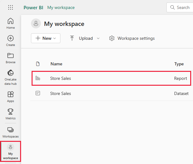 Schermopname van Mijn werkruimte met het rapport Winkelverkoop gemarkeerd.