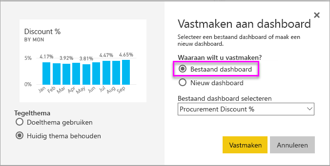 Screenshot of the Pin to dashboard window, highlighting Existing dashboard.