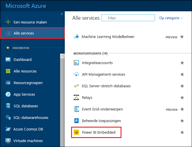 Screenshot of Azure services in Azure portal.