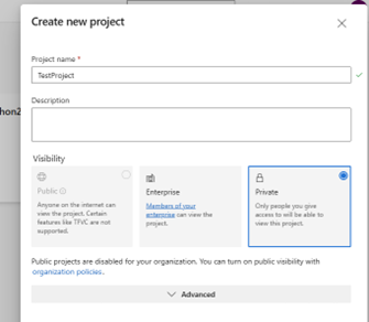 Schermopname van het toevoegen van nieuwe projectdetails in PBIP- en Azure DevOps-integratie.