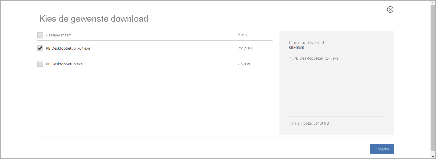 Schermopname van het Downloadcentrum met de 64-bits Power BI Desktop-download geselecteerd.