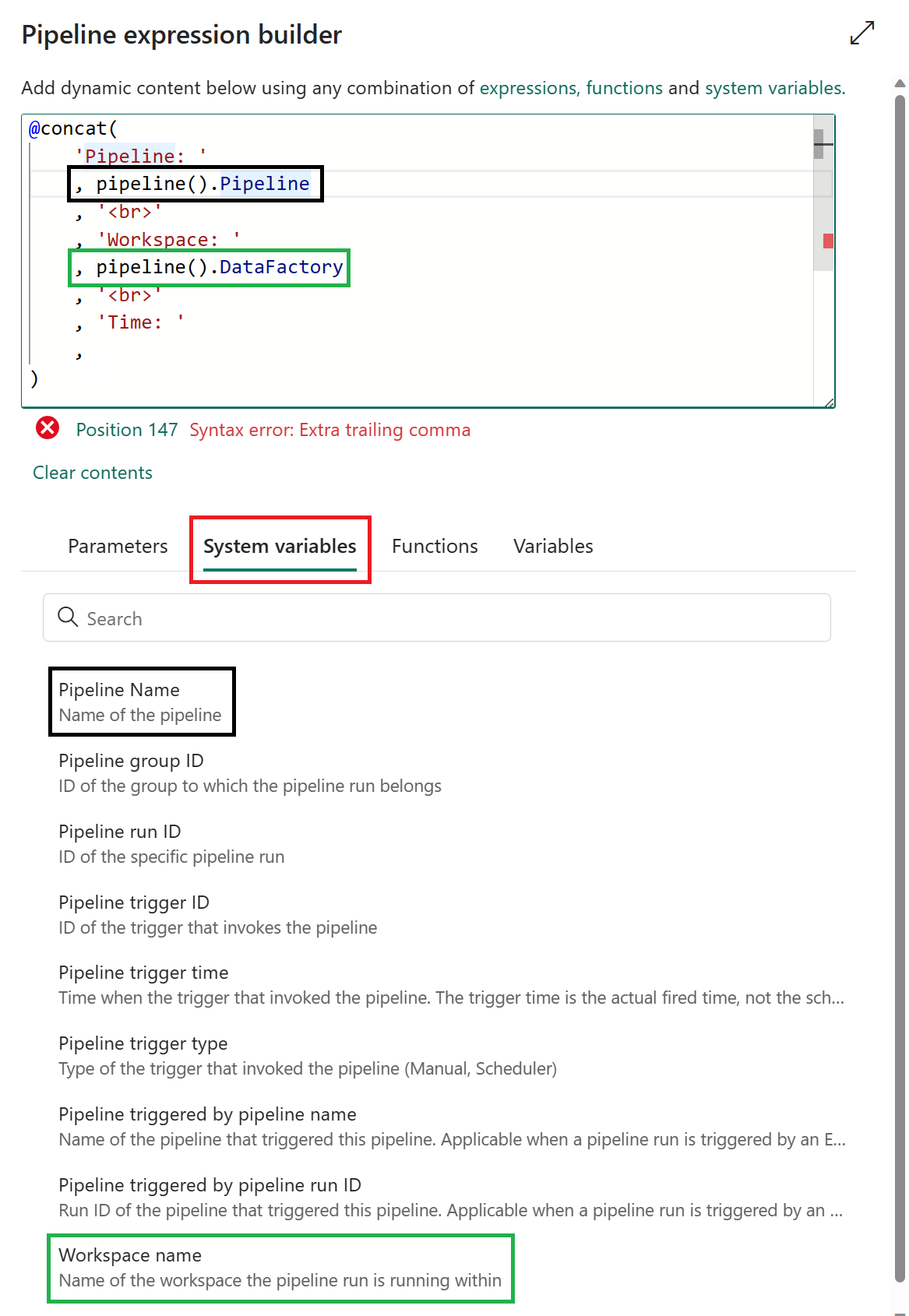 Screenshot of the pipeline system variables.