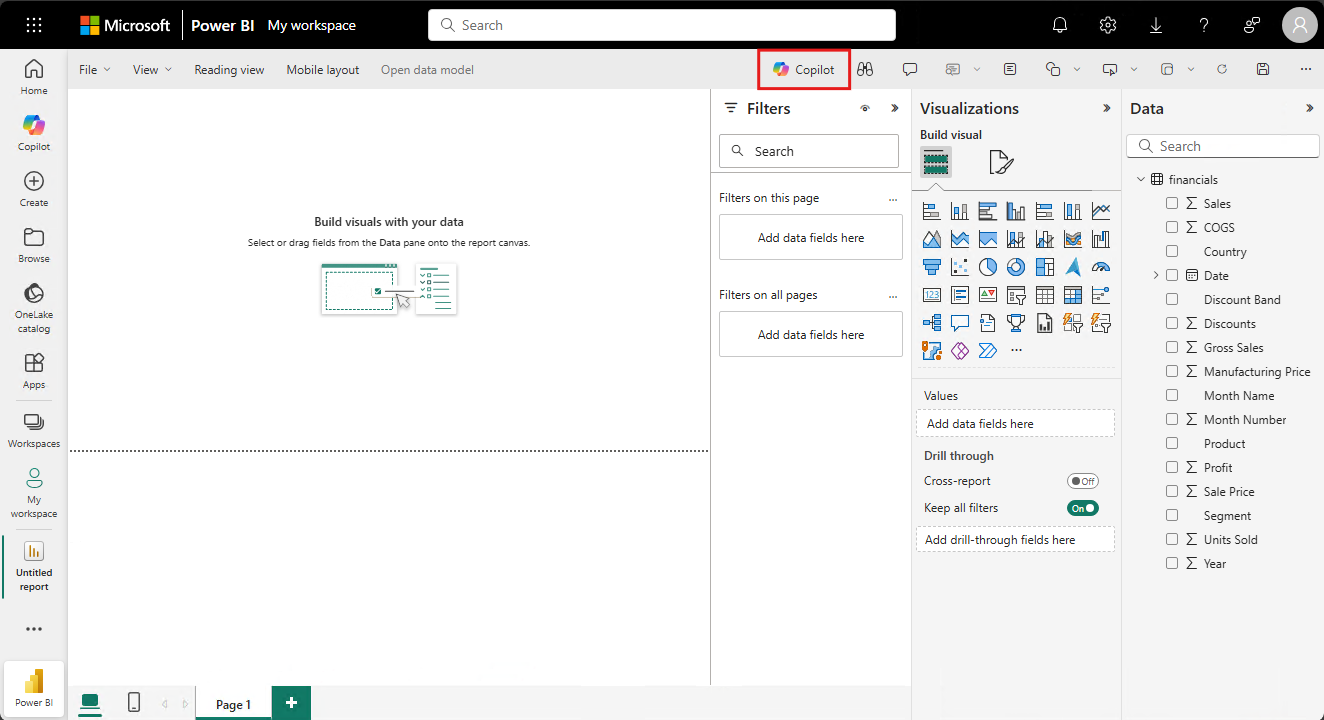 Schermopname van de pagina van het geïmporteerde semantisch model voor financieel voorbeeld.