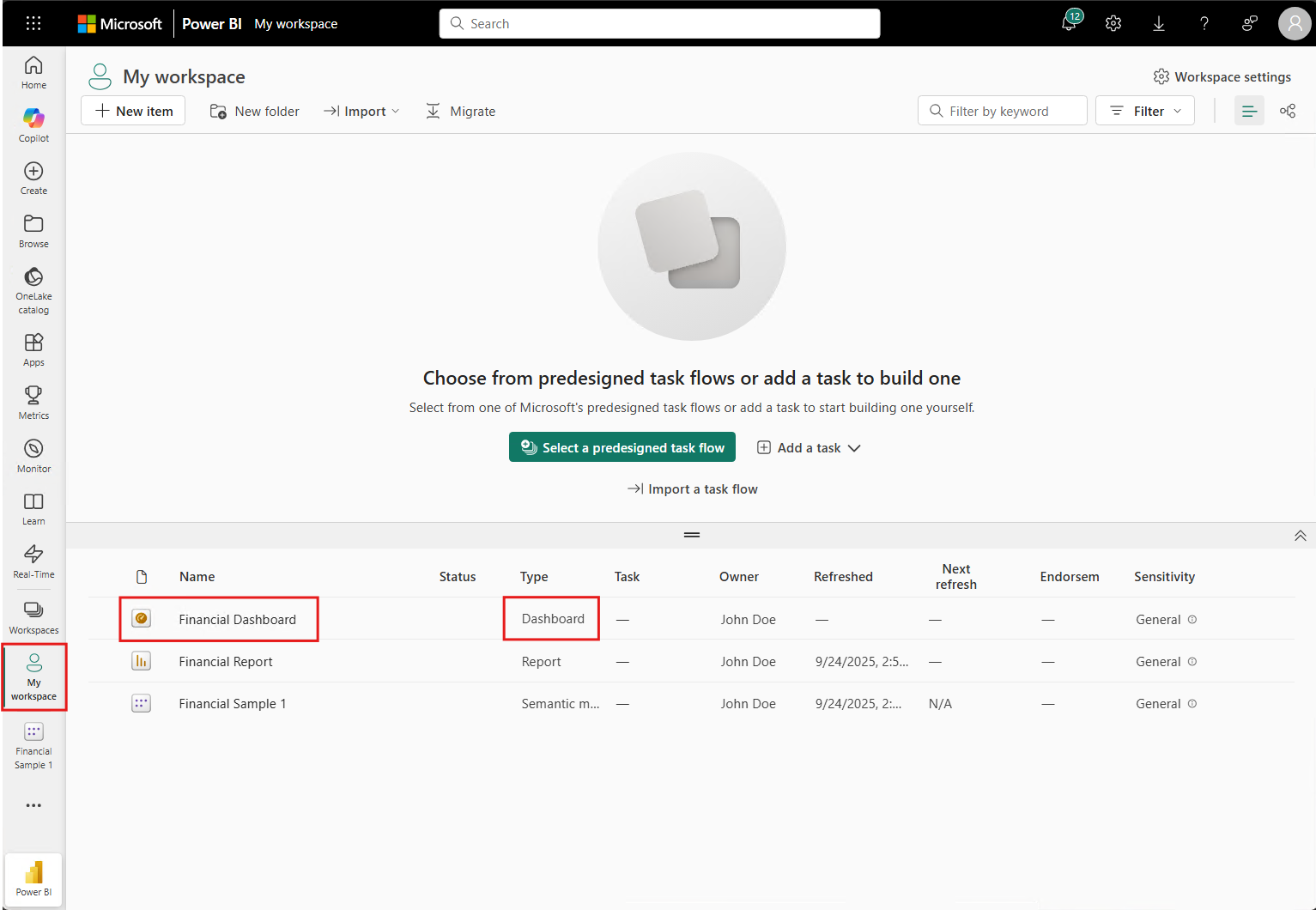Schermopname die laat zien hoe u terug gaat naar Mijn werkruimte en het dashboard Financieel voorbeeld opent.