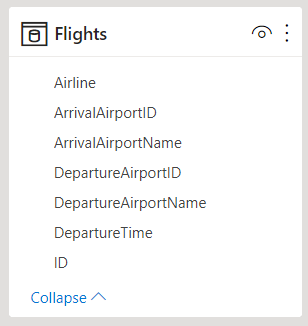 Screenshot showing one table named Flights. The columns from the Airports table are added to the Flights table.