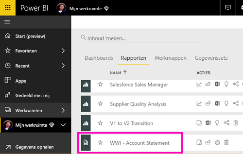 Screenshot showing Paginated report in Reports list.