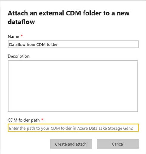 Screenshot of the Attach a new CDM folder to a new dataflow screen.