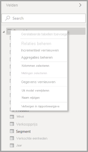 Screenshot of the original context menu for a table in Power BI Desktop.