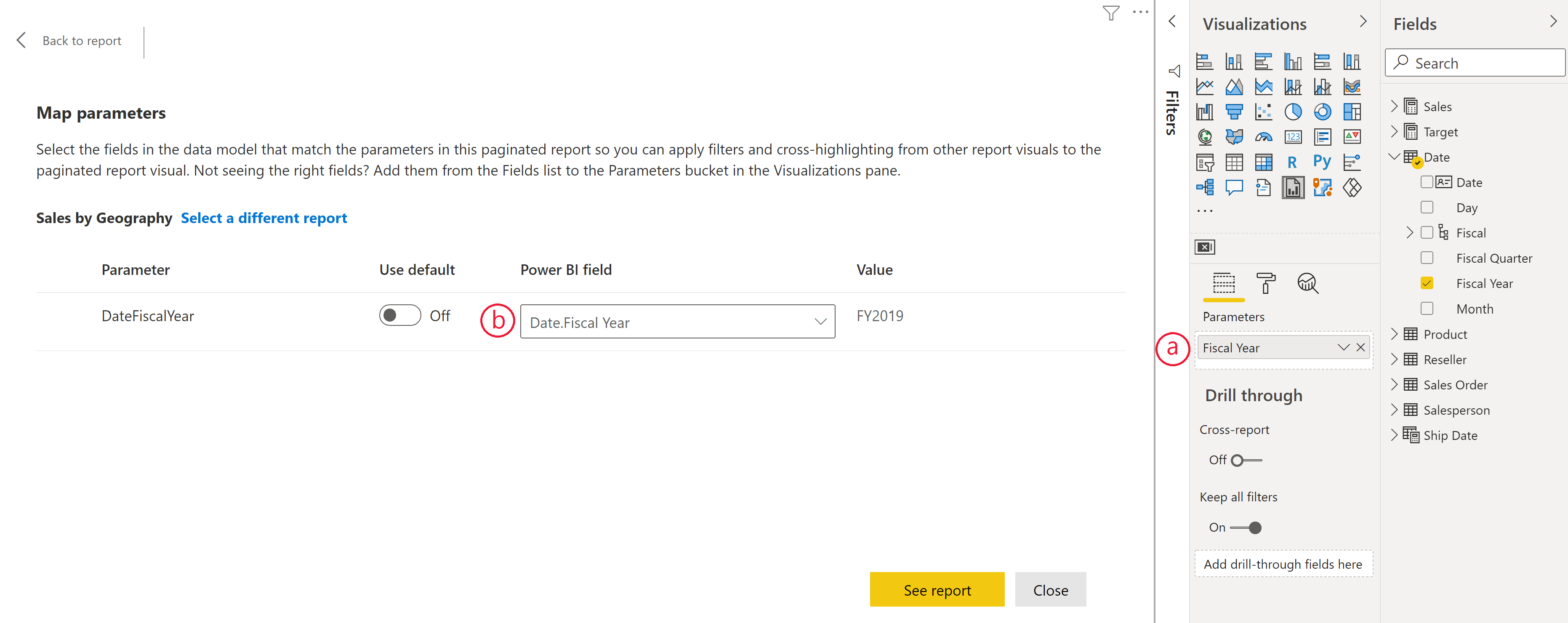 Screenshot of binding a field in Power BI to a parameter in the paginated report visual.