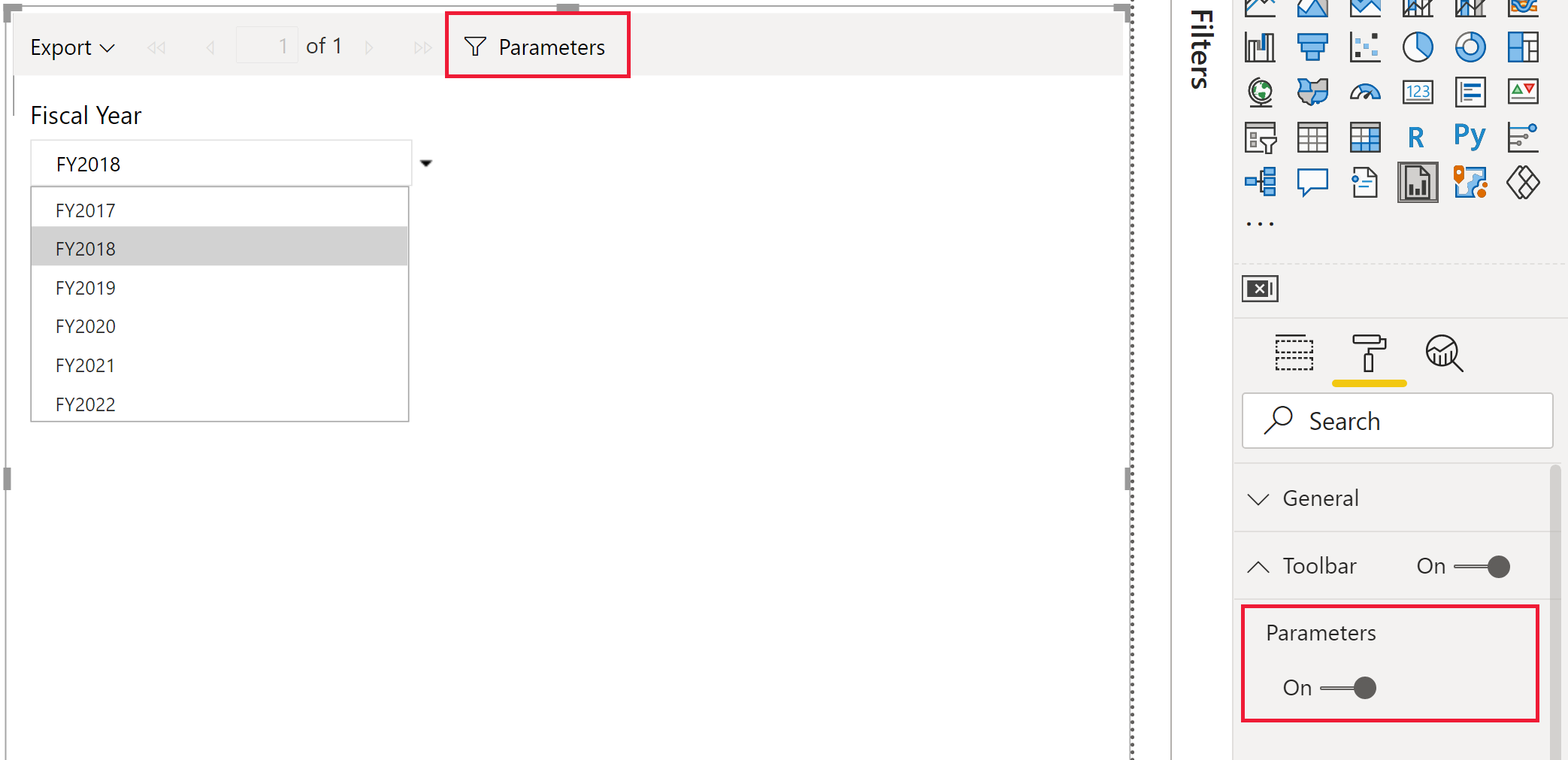 Screenshot of Parameters in the paginated report toolbar.