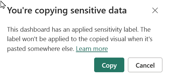 Screenshot showing a warning message for visuals with sensitivity labels.