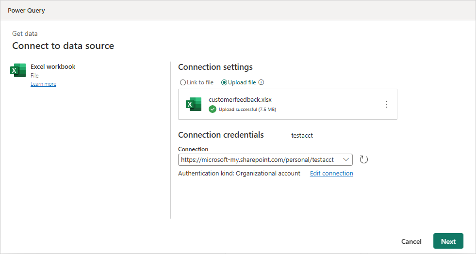 Schermopname van het venster om verbinding te maken met excel-bestand via uploaden.