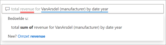 Screenshot of the Q&A question field with suggested terms from the semantic model underlined in blue and corresponding suggested questions from Power BI.