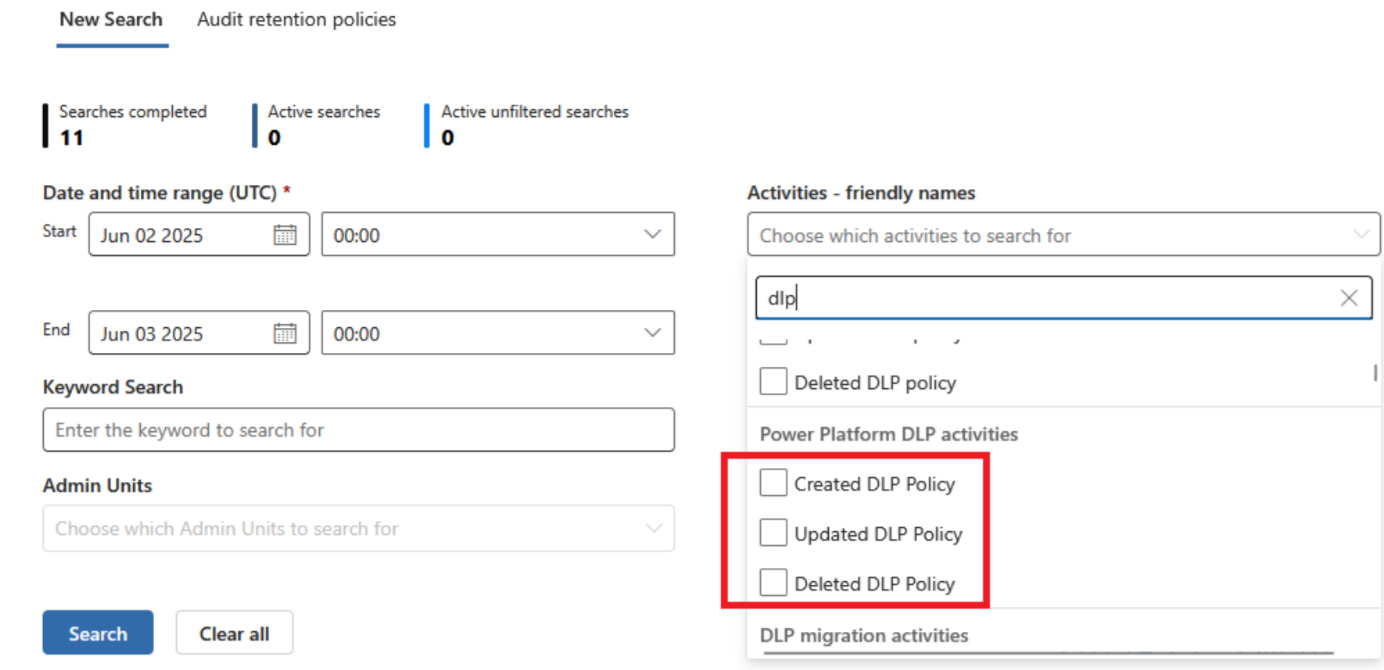 Schermopname van de Microsoft Purview-auditzoekpagina waarop de vervolgkeuzelijst Activiteiten is geopend, die de drie afgeschafte Power Platform DLP-activiteitennamen toont: DLP-beleid Gemaakt, Bijgewerkt en Verwijderd.