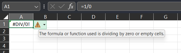 Schermopname van Excel-spreadsheet met A1=1/0 en #DIV/0! weergegeven in de cel.