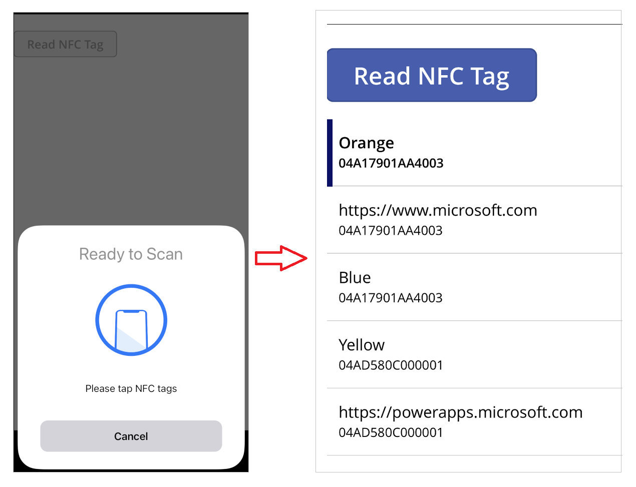 App op mobiel apparaat met het NFC-tag-leesvoorbeeld en het resultaat in de galerie.