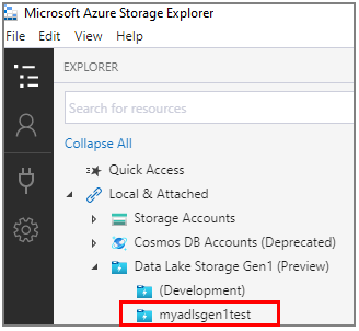 Toont het Data Lake Storage Gen1-account dat wordt vermeld onder het knooppunt Data Lake Storage Gen1 (preview) in de gebruikersinterface