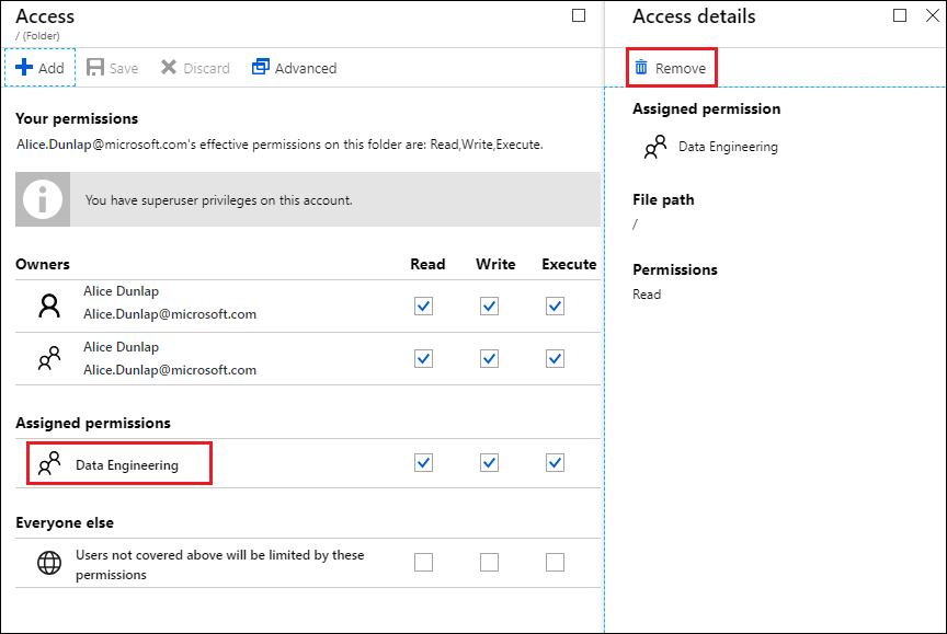 Schermopname van de blade Access met de optie Data Engineering gemarkeerd en de blade Access-details met de optie Verwijderen gemarkeerd.