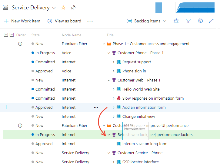 Reparent or reorder work items on a backlog