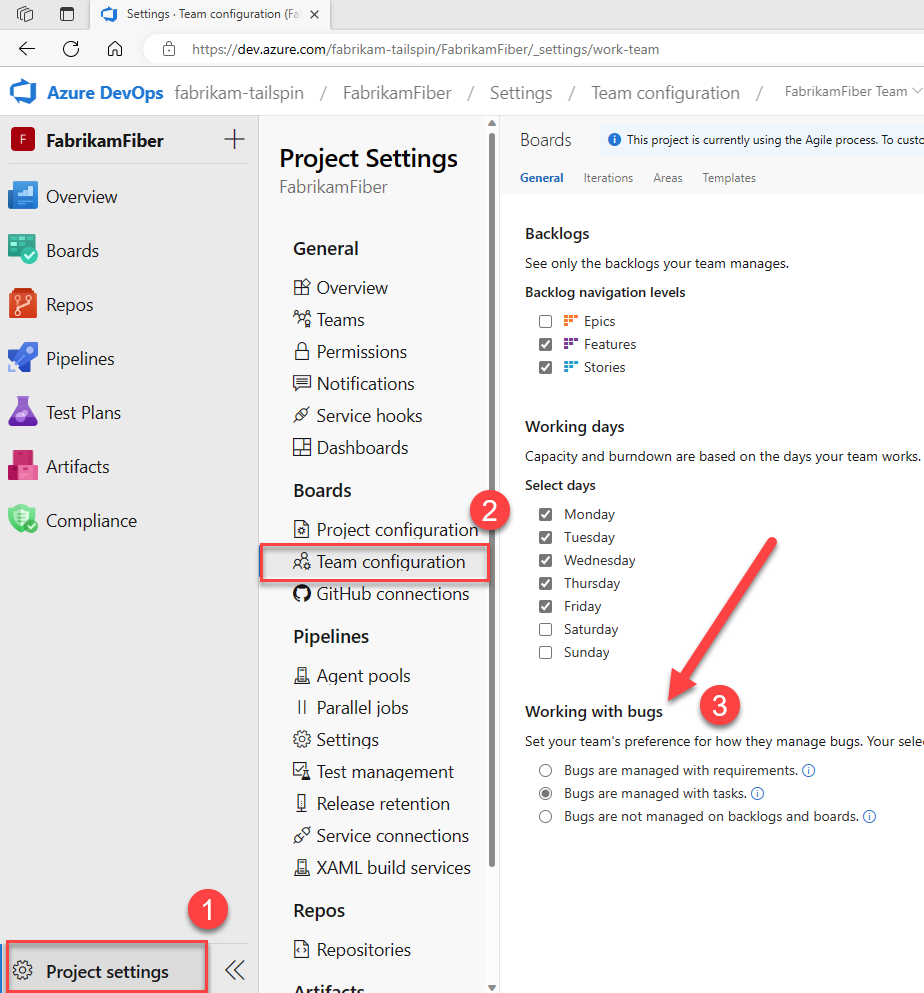 Screenshot showing sequence of navigation selection for working with bugs from project settings.